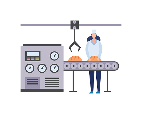 Food factory bakery equipment with worker flat vector illustration isolated.