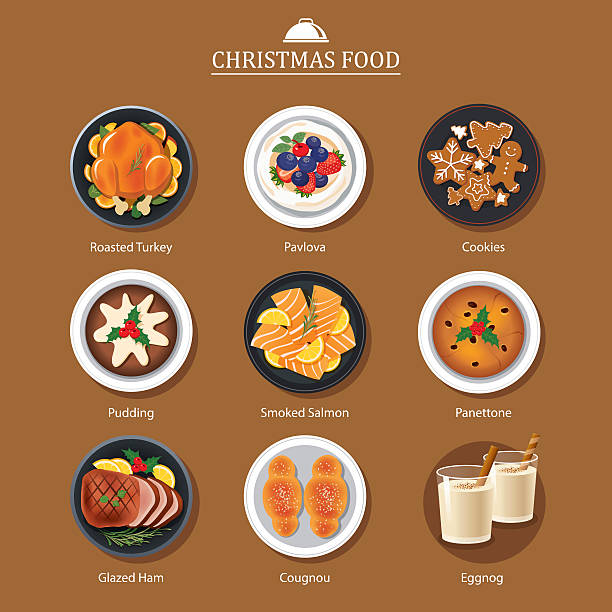 illustrazioni stock, clip art, cartoni animati e icone di tendenza di cibo per festival natale e ringraziamento - cena natale