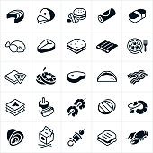 A set of different kinds of foods. The icons include salmon, ham, hamburger and french fries, breakfast burrito, sushi, turkey, steak, sandwich, ribs, spaghetti, pizza, waffles, pork, taco, bacon, lasagna, hot dog and soda, shrimp kabob, hamburger patties, shrimp scampi, oysters, Chinese food, kabob, grilled cheese sandwich and lobster.