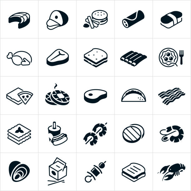 Food Icons A set of different kinds of foods. The icons include salmon, ham, hamburger and french fries, breakfast burrito, sushi, turkey, steak, sandwich, ribs, spaghetti, pizza, waffles, pork, taco, bacon, lasagna, hot dog and soda, shrimp kabob, hamburger patties, shrimp scampi, oysters, Chinese food, kabob, grilled cheese sandwich and lobster. sandwich icons stock illustrations