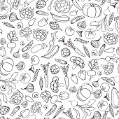 Food ingredient seamless doodle line pattern. Vegetable background