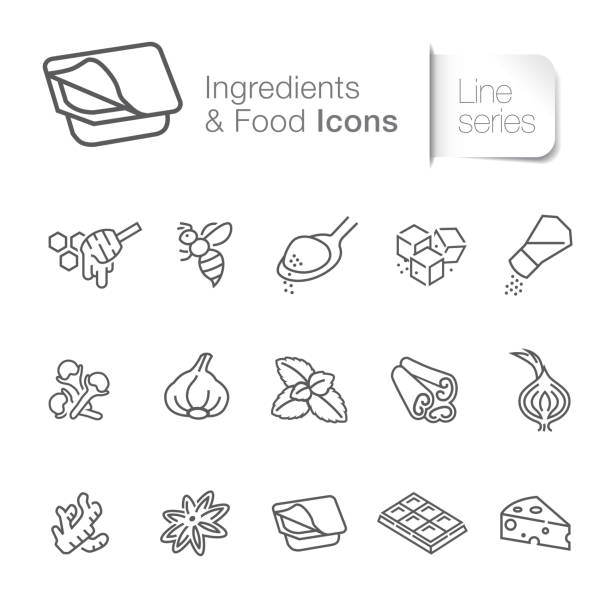 Food & ingredients related icons Food & ingredients related icons. Butter, herbal, salt, honey. chocolate icons stock illustrations