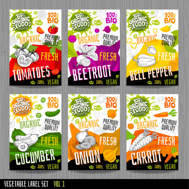 Food label set stickers collection vegetable labels spices package design. Tomatoes, beetroot, bell pepper, cucumber, onion Food label set stickers collection vegetable labels spices package design. Tomatoes, beetroot, bell pepper, cucumber onion, carrot. Organic, fresh, bio, eco. Hand drawn vector illustration supermarket designs stock illustrations