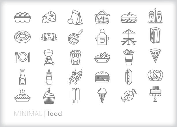 Food line icon set Set of 30 food line icons for eating breakfast, lunch, dinner, a picnic, a snack and dessert picnic stock illustrations