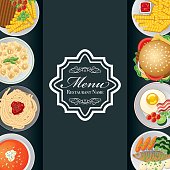 Vector illustration of a card Menu with several plates over view and a elegant curves and copy space for a restaurant name