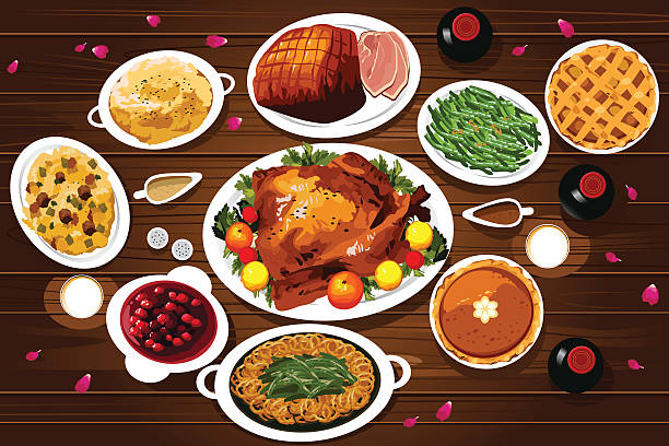 Food of Thanksgiving Dinner A vector illustration of food of thanksgiving dinner on the table viewed from above thanksgiving food stock illustrations