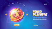 Food planets cartoon landing page with pizza sphere in outer space and start or download button. Arcade cosmic fantasy game. Adventure in cosmos, funny galaxy world ui graphic design vector web banner