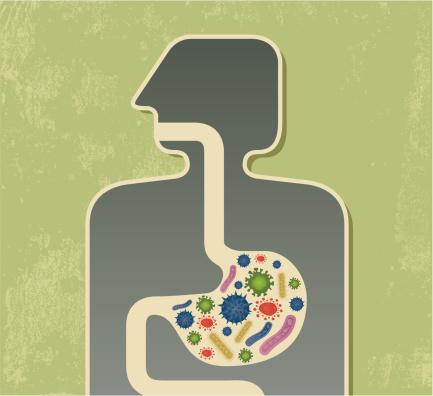 Food poisoning graphic with multicolored bacteria in stomach