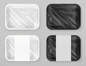 Food polystyrene packaging, White and black. 3d vector realistic mockup