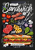 istock Food poster, ad, fast food, ingredients, menu, sandwich, sub, snack. Sliced veggies, cheese, ham, bacon. Yummy cartoon style isolated. Hand drew vector 1304920107