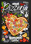 Food poster, ad, fast food, ingredients, pizzeria menu, pizza, heart. Sliced veggies, cheese, pepperoni, splash. Yummy cartoon style isolated. Hand drew vector