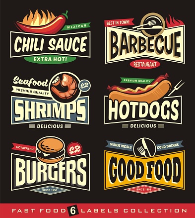 Food restaurant labels and stickers collection on black background. Chili, barbecue, shrimps, hot dogs, burgers and food signs, logo designs and banners. Diner promotional graphics.