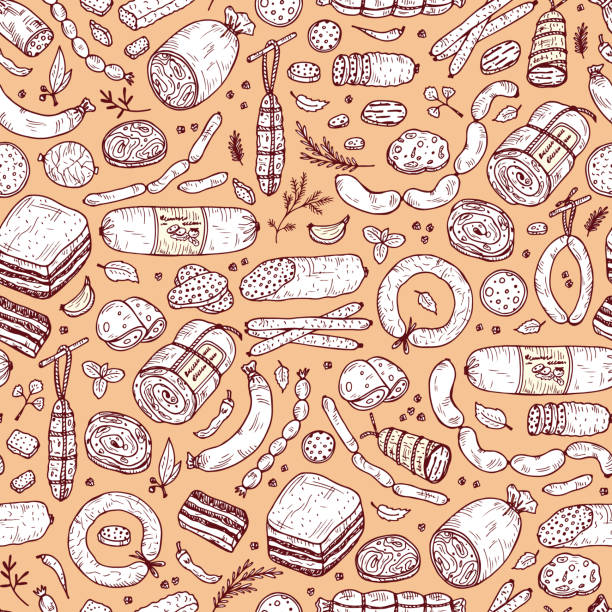 żywność. kiełbasy bezszwowy wzór. ręcznie rysowane doodle produkty mięsne: kiełbasa gotowa, boczek, pokrojony w plastry saveloy, kiełbasa, pikantne pepperoni, wędzone kiełbaski, kij salami, pieczony meatloaf, frankfurterki - meatloaf stock illustrations
