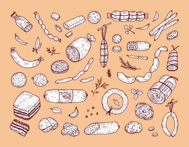 żywność. zestaw kiełbasek. ręcznie rysowane doodle produkty mięsne: kiełbasa gotowa, boczek, pokrojony w plastry saveloy, kiełbasa, pikantne pepperoni, wędzone kiełbaski, kij salami, pieczony meatloaf, frankfurterki - meatloaf stock illustrations