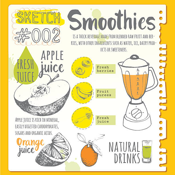 Food sketchbook. Useful drinks in sketch style. Vector funny illustration with natural juices drinks: smoothies, lemonade and kitchen equipment. Detox. Healthy lifestyle smoothie backgrounds stock illustrations