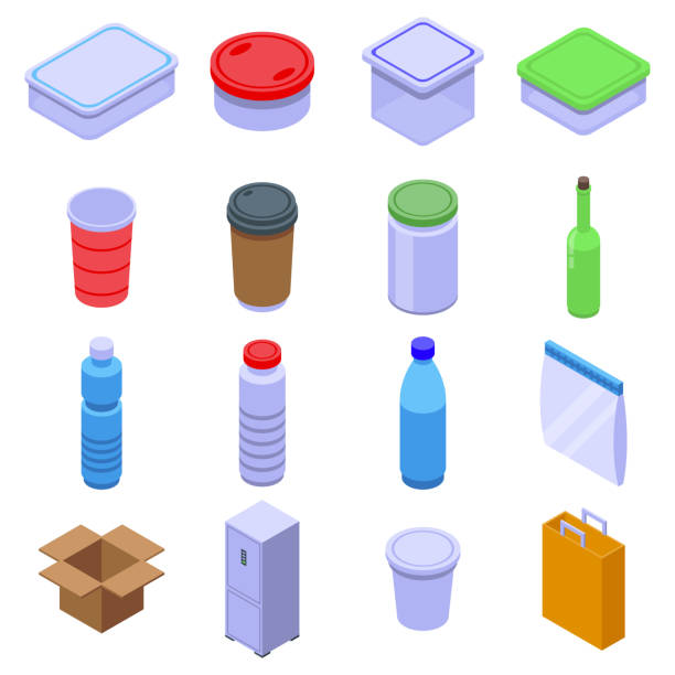 Food storage icons set, isometric style Food storage icons set. Isometric set of food storage vector icons for web design isolated on white background plastic container stock illustrations