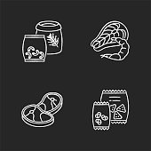 Food store categories chalk white icons set on black background. Pasta in package. Wheat grain in bag. Macaroni products. Fresh seafood. Raw fish steak. Isolated vector chalkboard illustrations