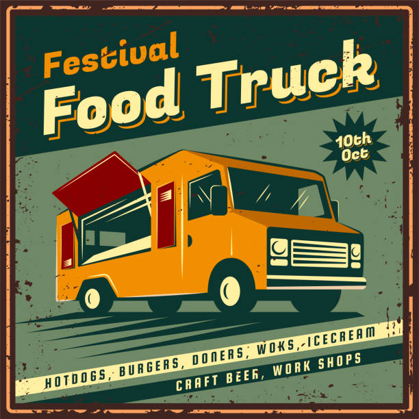 Food track poster. The poster in vintage style, retro food truck banner, emblem, signboard. Vector illustration of retro street food festival. Illustration grunge texture. food truck stock illustrations