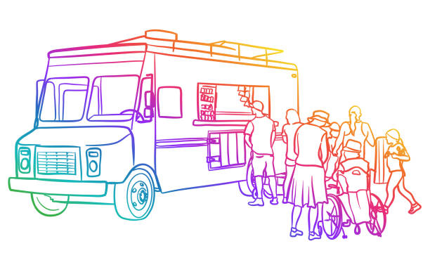 ilustraciones, imágenes clip art, dibujos animados e iconos de stock de food truck clientes arco iris - small business saturday