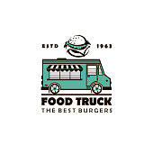 street food burger truck emblem isolated on white background