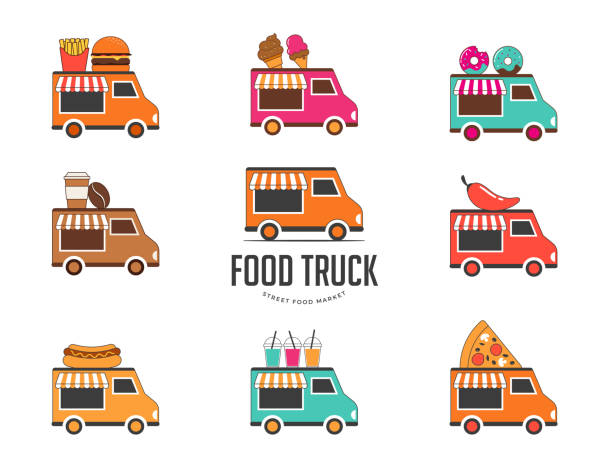 ilustraciones, imágenes clip art, dibujos animados e iconos de stock de feria de camiones de comida, mercado nocturno, fiesta de verano, feria callejera de comida y música, cartel del festival familiar y pancarta - food truck