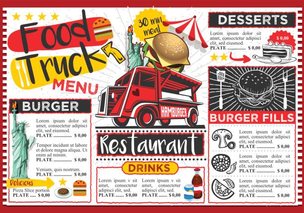 illustrazioni stock, clip art, cartoni animati e icone di tendenza di design del modello di modello di menu vettoriale del festival del camion alimentare - tovaglietta