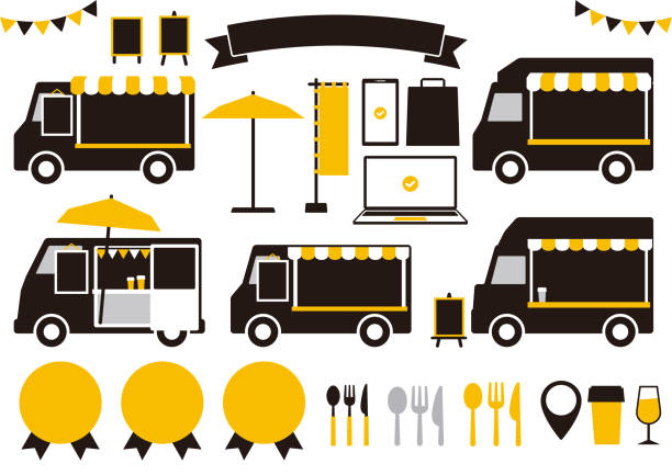 ilustraciones, imágenes clip art, dibujos animados e iconos de stock de conjunto de iconos de food truck. "negro, amarillo y gris" - food truck