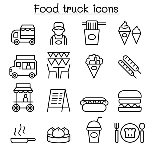 ilustraciones, imágenes clip art, dibujos animados e iconos de stock de icono de carro de comida en estilo de línea fina - food truck