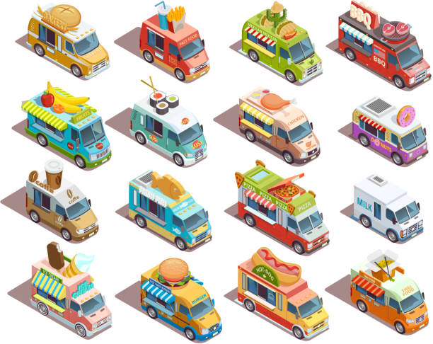 Street food trucks models isometric icons collection with coffee...