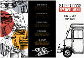 Fast food flyer for cafe or restaurant design. Engraved style booklet template. Street food festival menu. Vector iilustration.