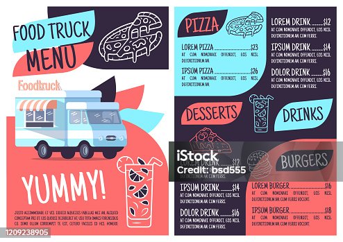 istock Food truck menu template. Print design with flat icons. Concept vector illustrations. Restaurant, cafe banner, flyer brochure page with food prices layout 1209238905