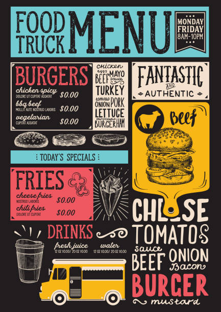 ilustraciones, imágenes clip art, dibujos animados e iconos de stock de plantilla de menú de carro de comida. - food truck