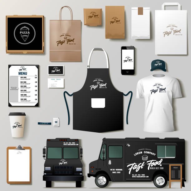 Food truck mock ups Vector food truck corporate identity template design set. Branding mock up. apron stock illustrations