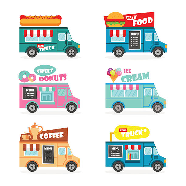 Food truck set Food truck flat vector set. Fast street food van delivery food truck stock illustrations