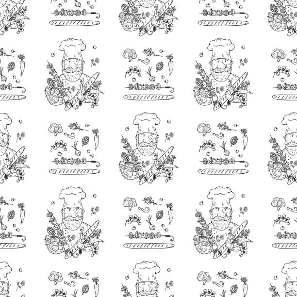 jedzenie vector bezszwowy wzór z ręcznie rysowane doodle chef, mięso bbq na szaszłyki, bochenek bagietki i świeże warzywa. tło przygotowania żywności - meat loaf stock illustrations