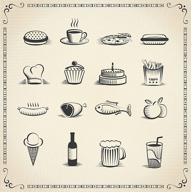 Food vintage icon set Food vintage icon set, every icon is grouped and on separate layer. happy birthday wine bottle stock illustrations