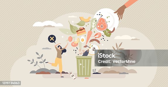 istock Food waste and meal leftovers garbage reduce awareness tiny person concept 1319734063