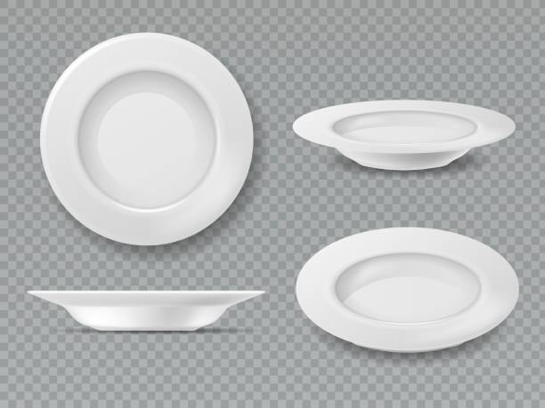 식품 흰 접시. 빈 플레이트 평면도 접시 그릇 사이드 뷰 주방 아침 식사 세라믹 요리 도자기 절연 세트 - 접시 stock illustrations