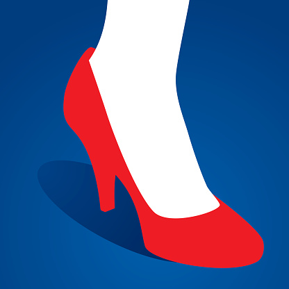 Vector illustration of a foot in a red high heel shoe against a blue background.