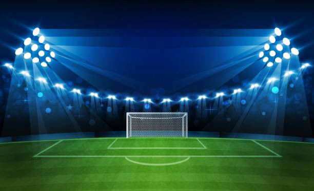 ilustrações de stock, clip art, desenhos animados e ícones de football arena field with bright stadium lights vector design. vector illumination - soccer night