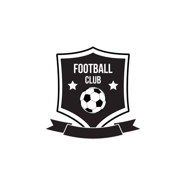 Football club black and white badge or emblem with ribbon and soccer...