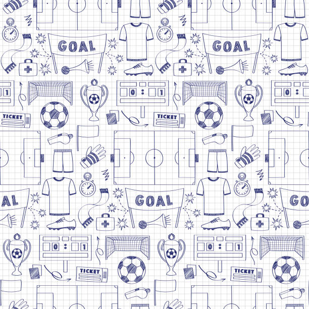 Football Dodle Seamless Pattern Football objects doodle seamless pattern. Sport outline wallpaper, soccer wrapping on squared paper. soccer drawings stock illustrations