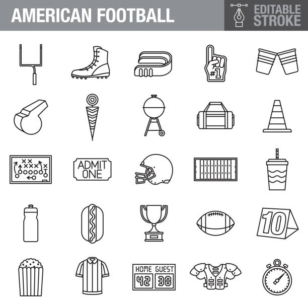 Football Editable Stroke Icon Set A set of editable stroke thin line icons. File is built in the CMYK color space for optimal printing. The strokes are 2pt black and fully editable, so you can adjust the stroke weight as needed for your project. football clipart black and white stock illustrations