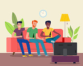 Football fan watching soccer on the TV in the living room. Vector flat style illustration