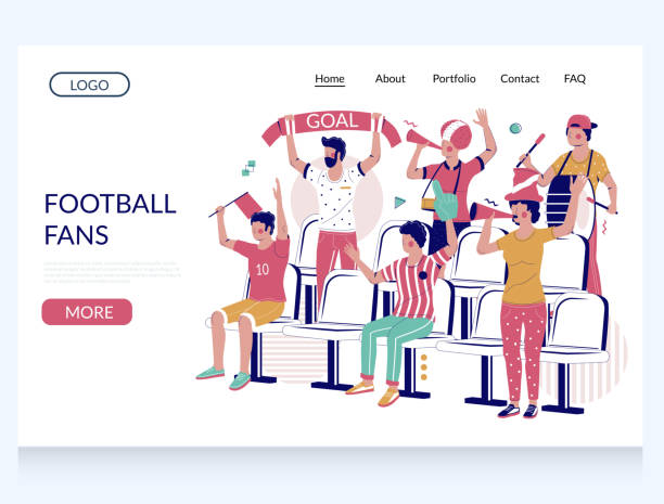 Football fans vector website landing page design template Football fans vector website template, landing page design for website and mobile site development. Group of people supporting their favorite team during football match at the stadium. cartoon of a stadium crowd stock illustrations