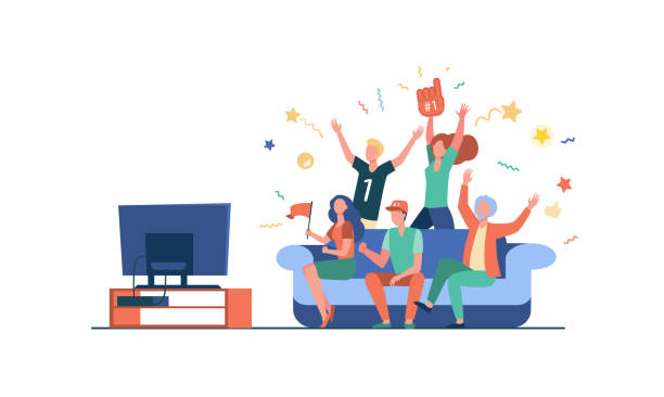 Football fans watching match on TV Football fans watching match on TV. Friends sitting on couch and celebrating soccer team winning or goal. Vector illustration for championship, leisure at home, sport game supporter concept competition illustrations stock illustrations