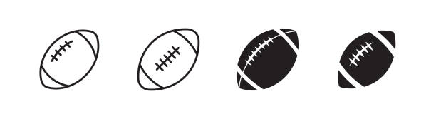 Football icon design, outlined and flat glyph style Set of 4 American football or rugby ball icon, flat and outlined black and white football stock illustrations