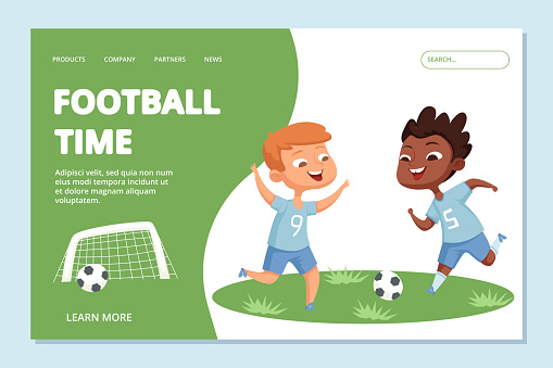 Football landing page template. Sport team kids vector character