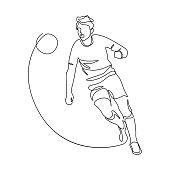Football player in continuous line art drawing style. Soccer game playing black linear sketch isolated on white background. Vector illustration