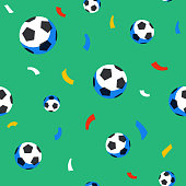 Football balls and confetti seamless pattern. Sport championship. Soccer players with football ball. Full color background in flat style. Russian football cup. Vector illustration